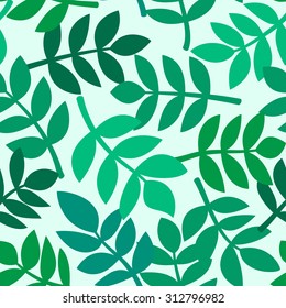 Simple background with leaves of tropical plants randomly arranged, palm branches in different shades of green, vector seamless pattern