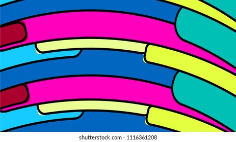 Simple background from minimalistic colorful colorful geometric figures, ovals with rounded corners arranged in the form of a rainbow horizontally with a black stroke. Vector illustration.