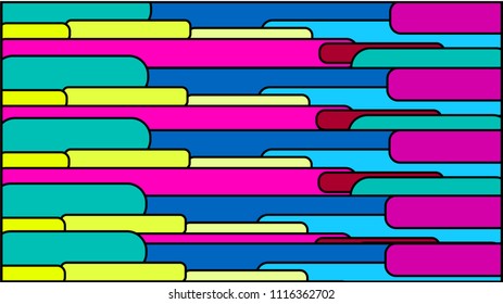 Simple background from minimalistic multi-colored geometric shapes, rectangles with rounded corners arranged horizontally with a black stroke. Vector illustration.