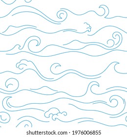 Simple background with ocean waves. Seamless pattern with abstract blue lines.