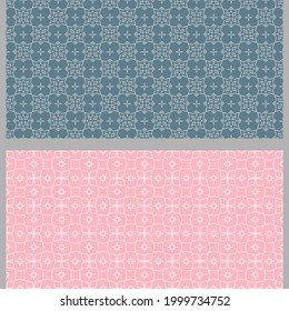 Simple background patterns with decorative elements. Set. Used colors: pink, white, blue. Seamless pattern, texture. Vector illustration for design.