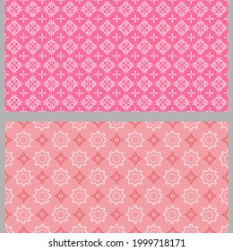 Simple background patterns with geometric elements. Set. Used colors: pink, white. Seamless pattern, texture. Vector illustration