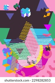 Simple background with random geometric shapes. Abstract flat template for poster, book cover, Newsletter, Social Media backdrop with vibrant colors. Vintage busy geometrical graphic art pattern.