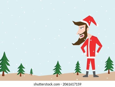Simple background with Santa Claus illustration between some trees and snow fall