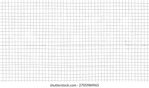 Einfacher Hintergrund eines leicht gewellten und unvollkommenen schwarzen Gitters auf einer weißen Oberfläche, die handgezeichnetem Graphpapier ähnelt.