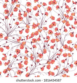 Sencillo fondo con flores rojas sobre un fondo blanco. Textura floral dibujada. Patrón incomparable para la decoración de tejidos, baldosas, papel y papel pintado en la pared.
