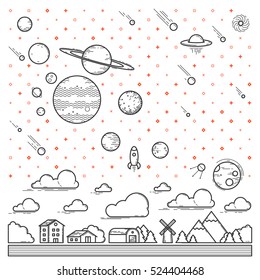 simple background with village landscape and sky with planets and stars