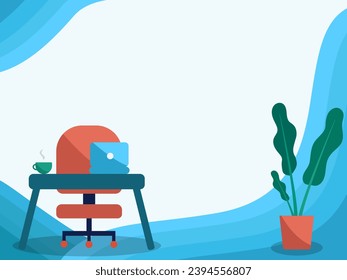 simple background for work, office table with computer and cup, plants in the office, for business