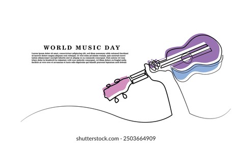 Simple background for World Music Day, June 21. Line art drawing of a hand holding a ukulele for banners, event posters and others.