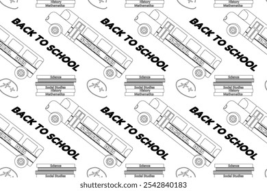 Simple back-to-school themed coloring page with buses, books, and educational elements. Great for kids and classroom activities.