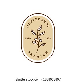 simple badge coffee bean and leaf branch natural line stamp logo vector icon design in vintage hipster modern beautiful style, premium coffee shop bar icon