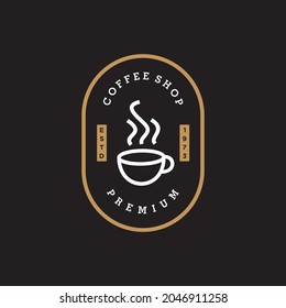 simple badge a cup of hot coffee line stamp logo vector icon design in vintage hipster modern beautiful style, premium coffee shop bar icon