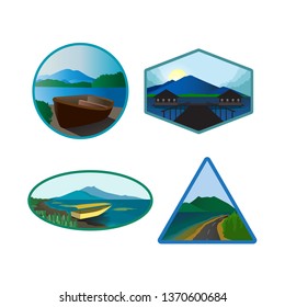 simple badges with the theme of mountain panorama, lake and boat