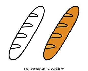 Ilustración de pan de baguette simple con una versión de color y una versión de contorno, estilo lindo y mínimo adecuado para iconos, pegatinas, gráficos de alimentos, contenido para niños y páginas para colorear.