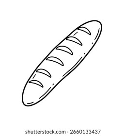 Simple baguette or loaf of bread in a clean line art drawing. A minimalist outline icon for a bakery, food menu, or French cuisine.