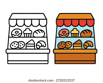Ilustración simple de la exhibición de la panadería con una versión coloreada y una versión del contorno, estilo lindo y mínimo conveniente para los iconos, las pegatinas, los gráficos de la comida, el contenido de los niños, y las páginas para colorear.