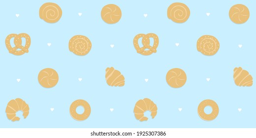 Simple bakery pastry seamless vector pattern. Flat style hand-drown baking goodies such as cinnamon roll, wheat bun, croissant and pretzel on blue background with white hearts. Wrapping paper bakery.
