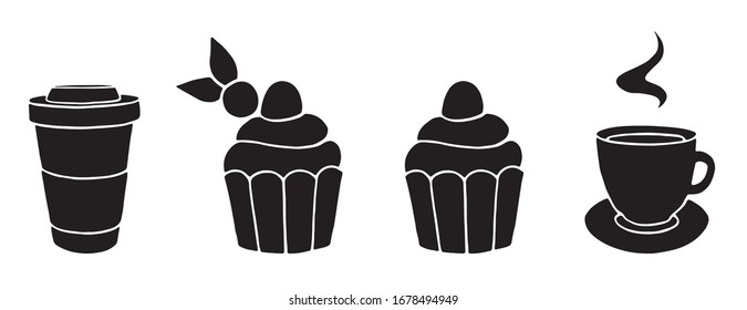 Einfache Vorlage für das Logo eines Bäckereiladen mit Kuchen, Muffin, Kaffee und Tee. Vektorillustration Cupcake Icon oder Logotype für Bäckerei, Konditorei, Konditorei, Café. Flaches Design.