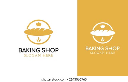 Simple baking shop logo design. Bakery store symbol with bread, wheat, and chef hat icon