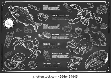 A simple and balanced menu design featuring various seafood. Hand-drawn vector.