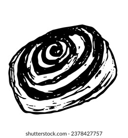 Simple balck and white doodle illustration of fsweet tasty chocolate twist bun.Dessert 