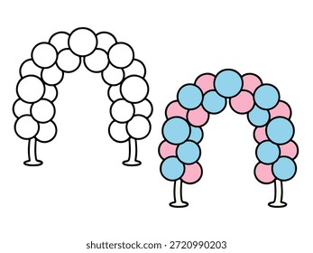 Simples ilustração de arco de balão com uma versão colorida e uma versão de contorno, estilo bonito e mínimo adequado para ícones, adesivos, gráficos de festa, conteúdo infantil e páginas de coloração.