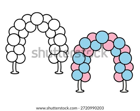 Simple balloon arch illustration with a colored version and an outline version, cute and minimal style suitable for icons, stickers, party graphics, kids content, and coloring pages.