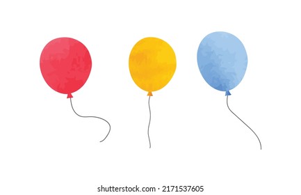 Einfache Ballons Clipkunst. Set von mehrfarbigen Ballons im Cartoon-Stil. Haufen fliegender Ballons mit Seil zum Geburtstag und Feiern. Aquarellballon, Vektorgrafik einzeln auf weißem Hintergrund