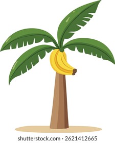 Simple Banana Plant Illustration with Green Leaves, Cartoon Banana Tree with Ripe Yellow Fruits