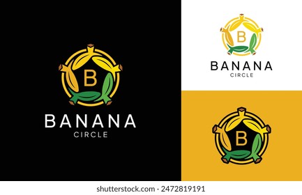Simple Banana Sun Emblem Stamp Logo Design Template for Fruit Farm Grocery Store Shop Supermarket or Healthy Juice Bar Restaurant Vector Logo
