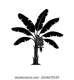 Plátano simple con fruta, mostrado como un icono de silueta negro sólido. Un gráfico minimalista para diseños tropicales o marca de alimentos saludables.