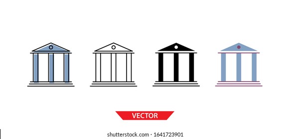 Simple bank building icon on white background 4 types such as outline, black, color, outline and color. Vector illustration.