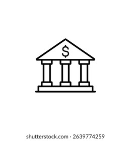 Simple bank icon depicting a building with columns and a dollar sign.  Illustrates financial concepts.