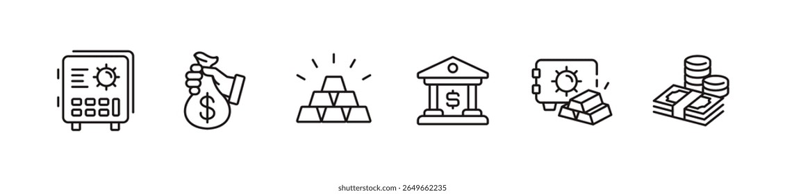 Moneda de dinero segura financiera del negocio del conjunto de líneas del icono del banco simple Edificio del banco, barra del oro, caja fuerte, pila del dinero, Ilustración vectorial de las muestras del bolso del dinero