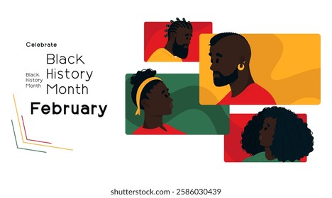 A simple banner for the celebration of Black History Month in February. Four stylized characters, representing both men and women, for this national holiday month