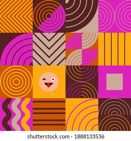 A simple banner with a decorative geometric pattern. Square modules. The color composition. Smiley face. Seamless background. Vector illustration for web design or print.