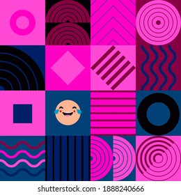 A simple banner with a decorative geometric pattern. Square modules. The color composition. Smiley face. Seamless background. Vector illustration for web design or print.