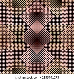 A simple banner with a decorative geometric pattern.  Rainbow gingham plaid. 