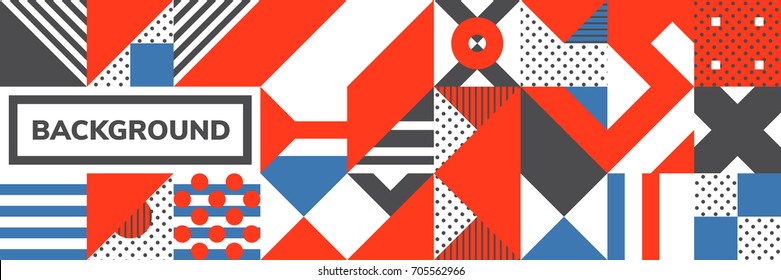 Simple banner of decorative patterns square modules colored geometric composition in Scandinavian style