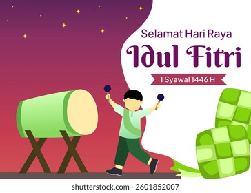 Simple banner Eid al-Fitr greetings with muslim boy, bedug drum and big ketupat illustration. Banner greeting Selamat Hari Raya Idul Fitri 1 Syawal 1446 H