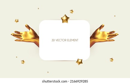 Simple banner with opened golden palm. Simple showcase. 3D gold human hand gesture. Realistic metal render