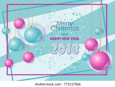 Simple Banner with text Happy New Year and Merry Christmas. Original gretting card for holydays. 2018 year. 
