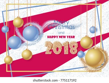 Simple Banner with text Happy New Year and Merry Christmas. Original gretting card for holydays. 2018 year. 