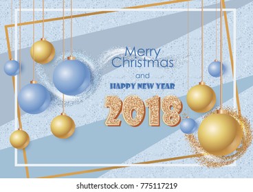Simple Banner with text Happy New Year and Merry Christmas. Original gretting card for holydays. 2018 year. 