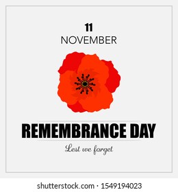 Simple banner/poster with red poppy for Remembrance day celebration on 11th November