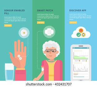 Simple banners with informations of caring for patients and medical control with smart pills. Visual infographics. The concept of innovations in medicine. Flat design graphic. Medical illustration.