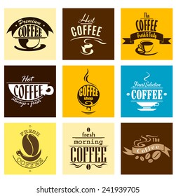 simple banners with steaming cups of coffee and aromatic coffee beans on yellow, brown and blue backgrounds for coffee shop, cafe, restaurant menu design