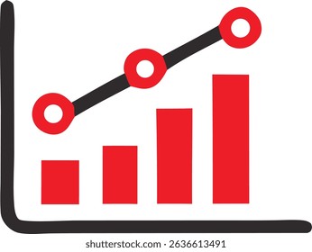 A simple bar graph depicts upward growth, with red bars increasing in height and a black line highlighting the positive trend. Three red circles emphasize key data points along the line.