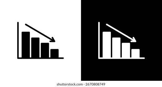 Simple bar graph icon depicting a downward trend. Isolated on white and black backgrounds.