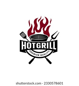 Simple Barbecue hot grill logo, with crossed flames and spatula. Logo for restaurant, badge, cafe and bar. vector illustration